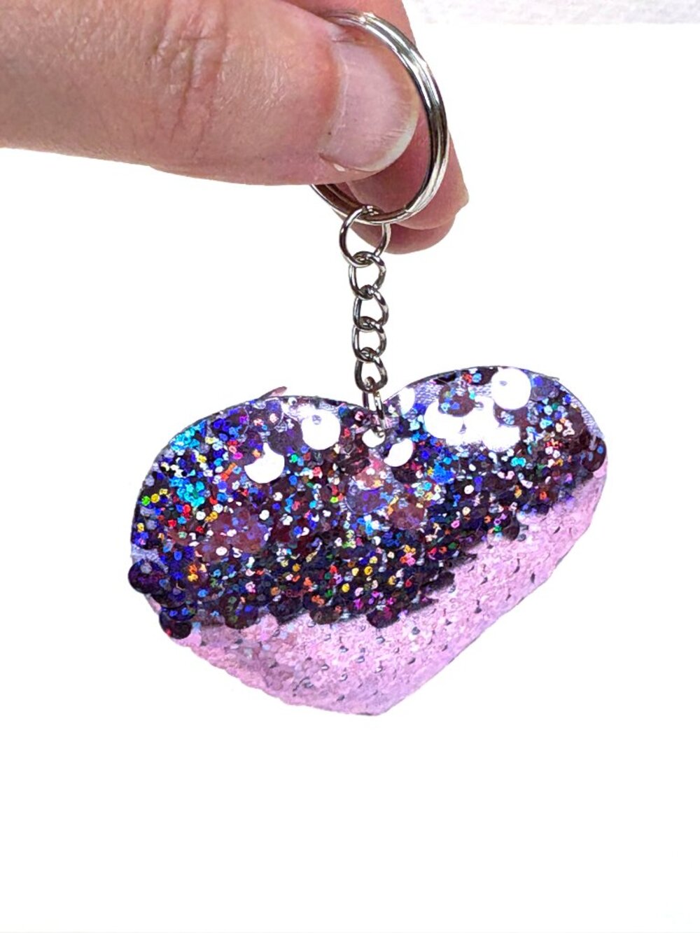 Stylish pink purple sequin heart keychain bag charm. New - Picture 3 of 9